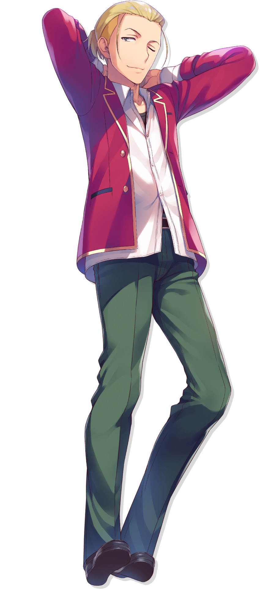 1boy, ;), absurdres, advanced_nurturing_high_school_uniform, arms_behind_head, black_shoes, blazer, blonde_hair