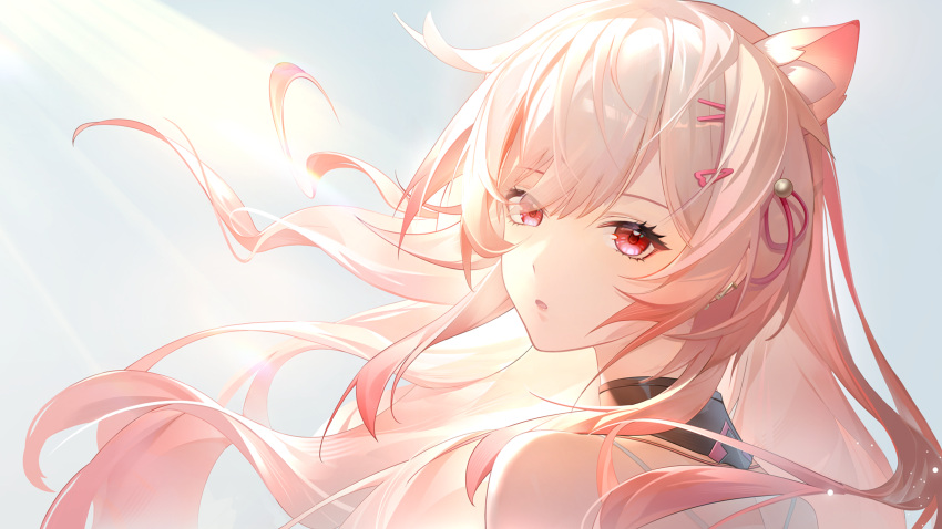 1girl, absurdres, animal_ears, artist_request, close-up, commentary_request, gradient_hair, grey_hair, hair_ornament, hair_ribbon, hairclip, highres, long_hair, looking_back, mia_skye, multicolored_hair, official_art, parted_lips, pink_hair, pink_ribbon, red_eyes, ribbon, snowbreak:_containment_zone, solo