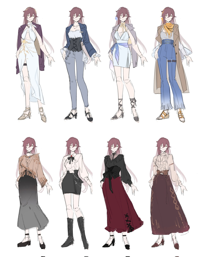 1girl, alternate_costume, bandana, bandana_around_neck, black_bow, black_corset, black_dress, black_shirt, black_shoes, black_skirt, blue_jacket, blue_pants, bow, bowtie, brown_coat, brown_hair, brown_poncho, brown_skirt, coat, coat_on_shoulders, commentary, corset, dress, earrings, eden_(honkai_impact), english_commentary, flower, frilled_shirt, frilled_sleeves, frills, fringe-trimmed_pants, gold_shoes, grey_jacket, grey_pants, grey_shirt, hair_flower, hair_ornament, highres, honkai_(series), honkai_impact_3rd, jacket, jacket_on_shoulders, jewelry, laurel_crown, long_hair, long_skirt, miniskirt, multiple_views, neck_ribbon, necklace, pants, pencil_skirt, poncho, red_jacket, red_skirt, reference_sheet, ribbon, sandals, sang_sha, shirt, shoes, simple_background, sketch, skirt, smile, thigh_strap, white_background, white_dress, white_shirt, yellow_bandana, yellow_eyes, yellow_ribbon