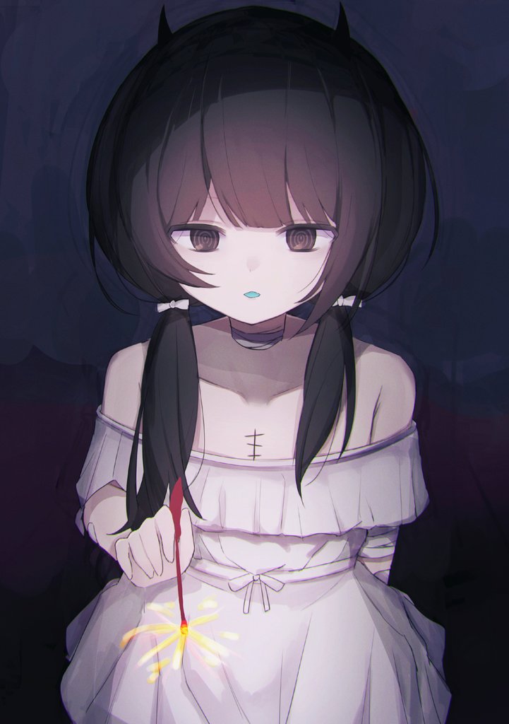 1girl, arazan_(ara_arazan24), bandaged_arm, bandaged_neck, bandages, black_eyes, black_hair, black_horns