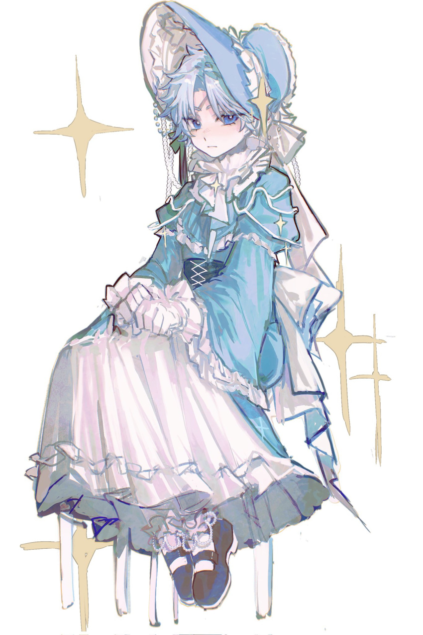 1boy, blue_eyes, blush, bonnet, chair, crossdressing, crossdressing_(mtf), fate/grand_order