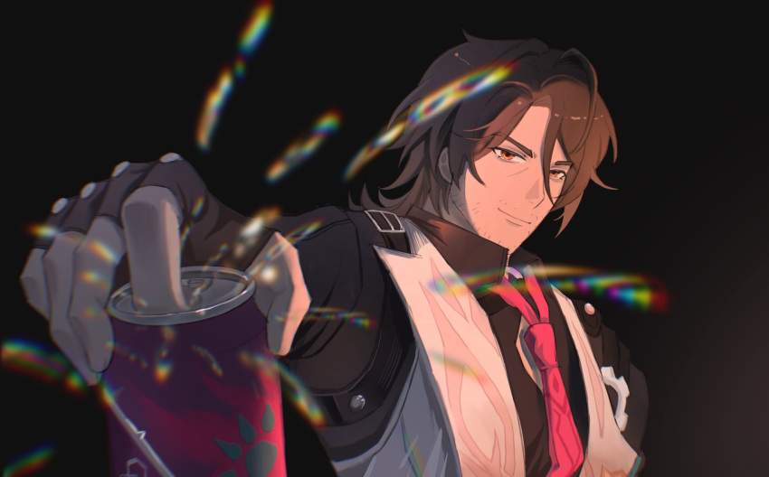 1boy, beer_can, black_background, black_gloves, black_shirt, blurry, blurry_foreground, brown_hair