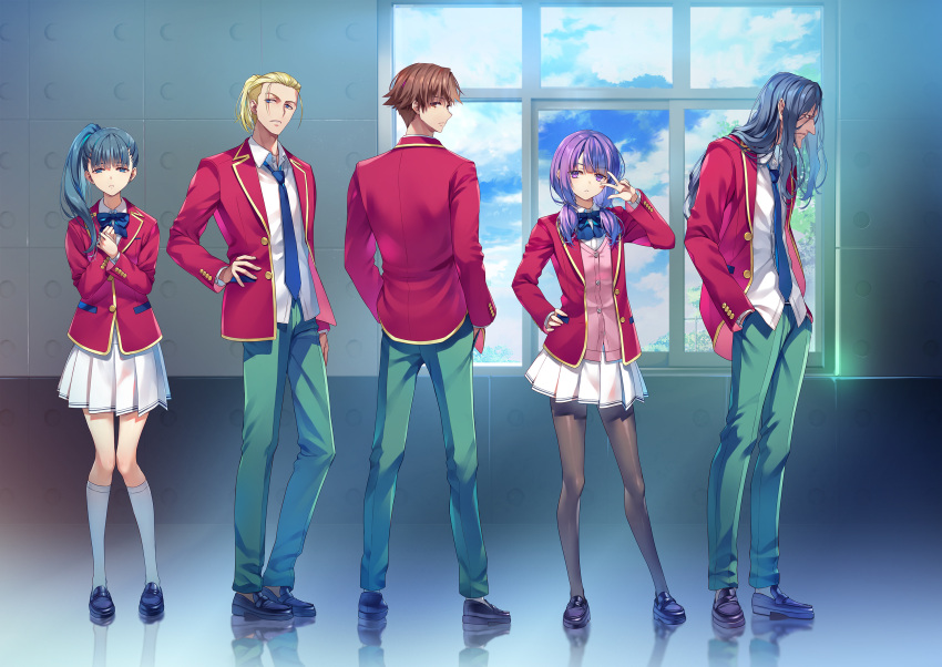 2girls, 3boys, advanced_nurturing_high_school_uniform, ayanokouji_kiyotaka, black_hair, black_shoes, blazer, blonde_hair