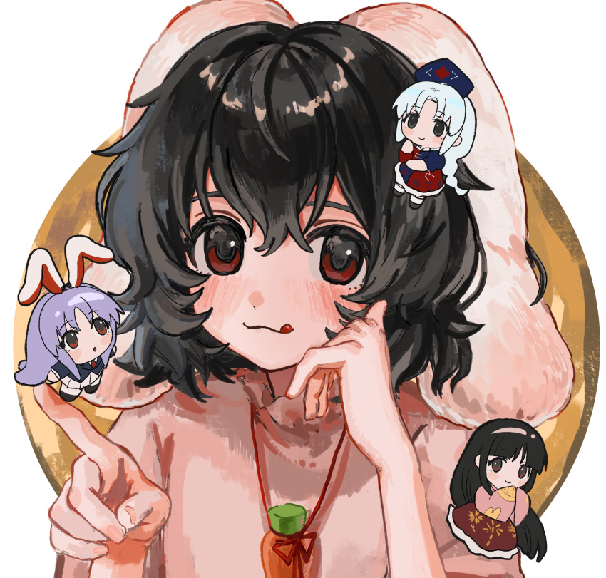 4girls, :3, :q, animal_ears, b_nosk101, black_hair, blush, carrot_necklace