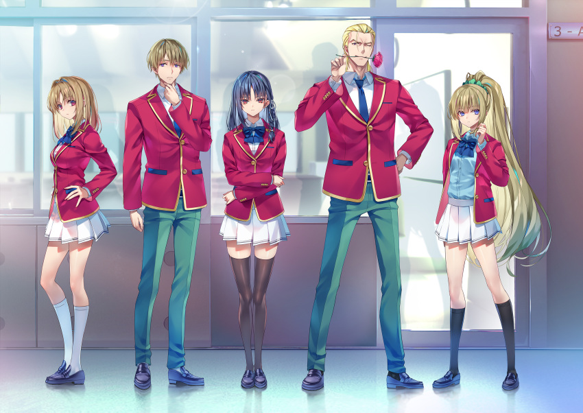 2boys, 3girls, advanced_nurturing_high_school_uniform, black_hair, black_shoes, black_socks, black_thighhighs, blazer