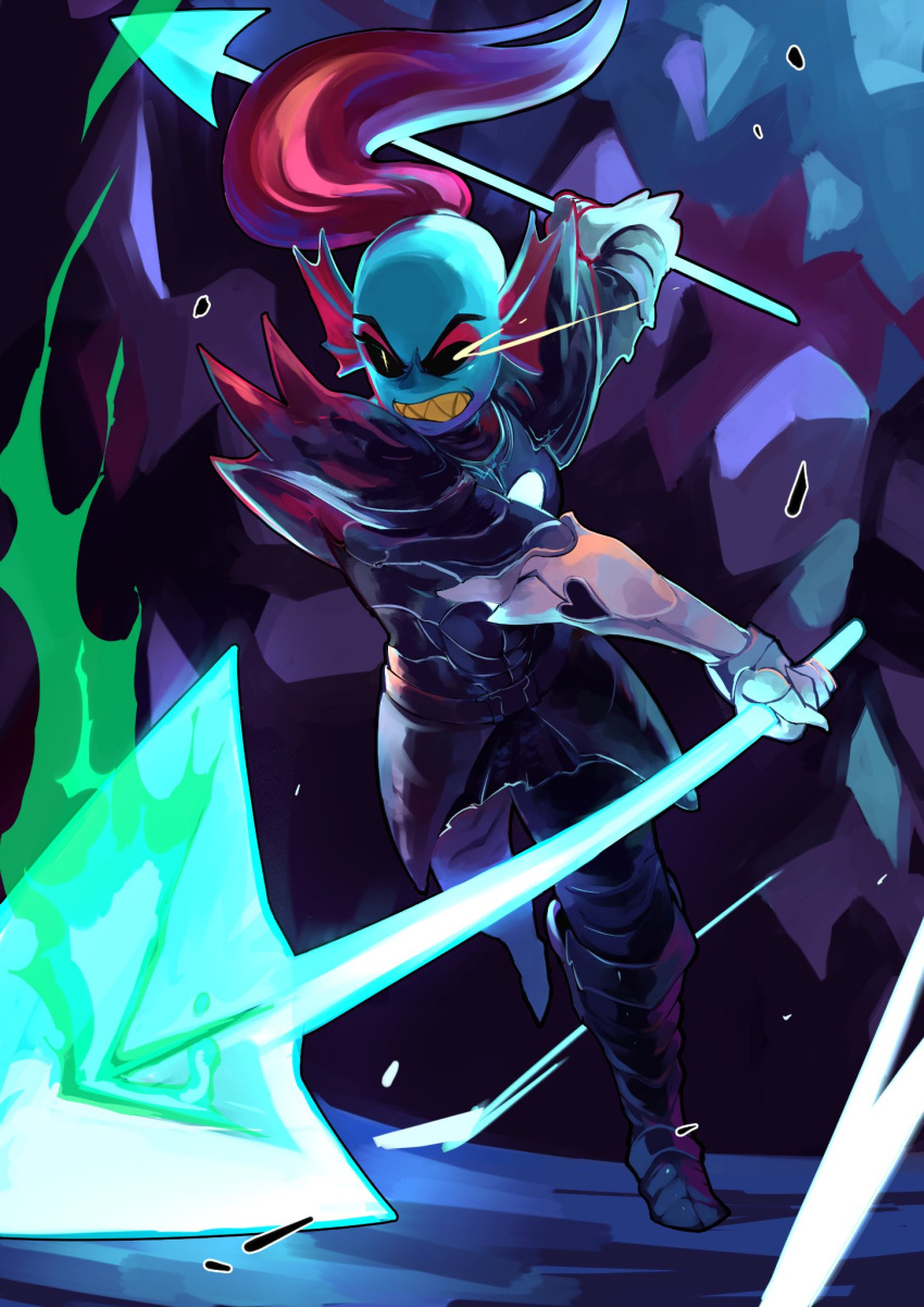 1girl, 2018, 2d, alternate_form, anthro, armor, attacking, black_eyepatch, black_sclera, blue_skin, breastplate, cave, colored_sclera, digital_media, dual_wielding, dynamic_pose, ear_fins, eyepatch, female, female_only, fins, fish, fish_girl, floating_hair, full_body, gauntlets, genocide_route_(undertale), head_fins, high_ponytail, highres, holding, holding_polearm, holding_spear, holding_weapon, long_hair, monster, monster_girl, polearm, ponytail, red_hair, seki_(vcyr2733), sharp_teeth, slit_pupils, solo, spear, teeth, undertale, undyne, undyne_the_undying, utdr_(toby_fox), weapon, white_pupils, yellow_sclera, yellow_teeth
