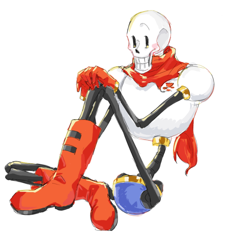 1boy, 2022, 2d, armor, blue_shorts, boots, cape, digital_media, full_body, gloves, hands_on_own_knee, humanoid, knee_up, male, male_focus, male_only, monster, monster_boy, papyrus_(undertale), red_boots, red_cape, red_gloves, sakito_(mg_1016), shorts, simple_background, sitting, skeleton, solo, teeth, undead, undertale, utdr_(toby_fox), white_armor, white_background