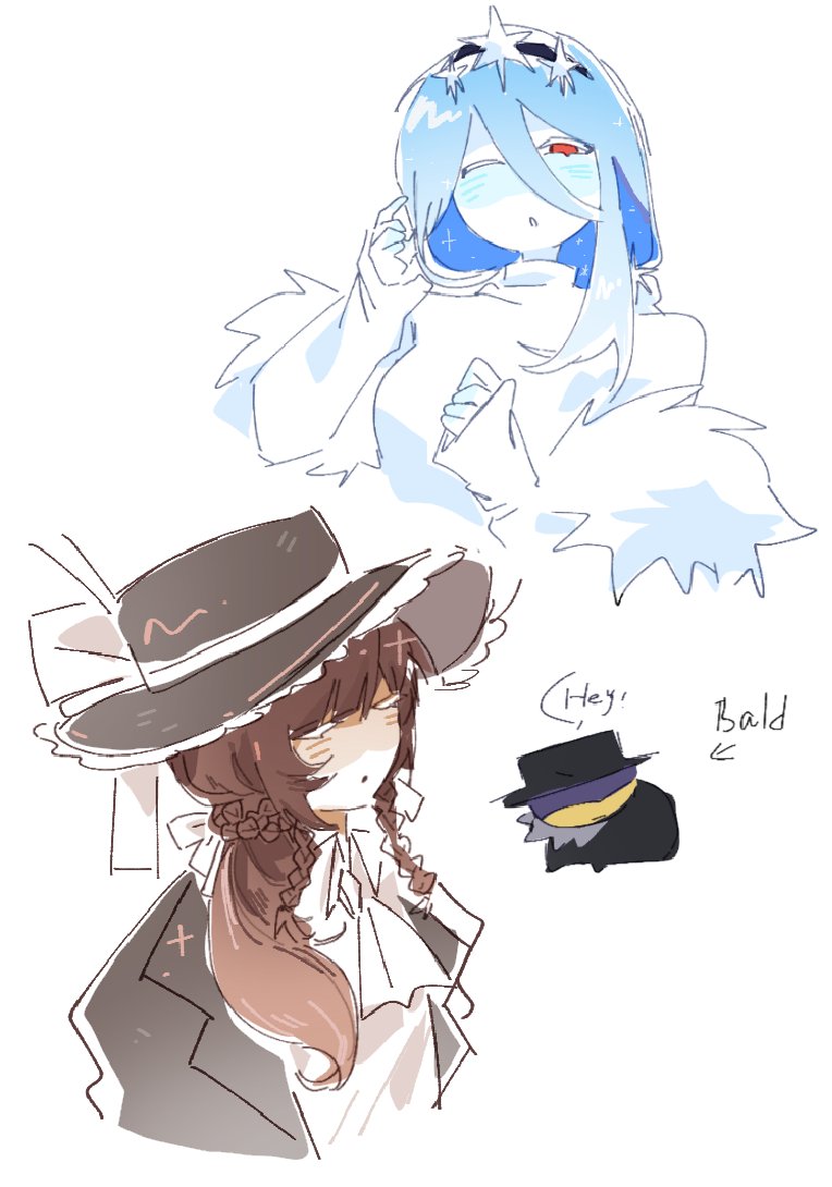 1boy, 2girls, alternate_skin_color, ascot, black_hat, blue_blush, blue_hair, blush
