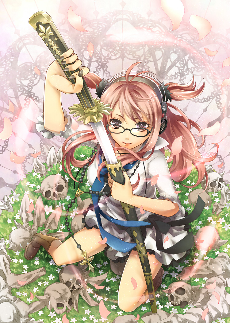 box_sentou_shoujo, brown_eyes, dress, female, flower, glasses, headphones, jewelry