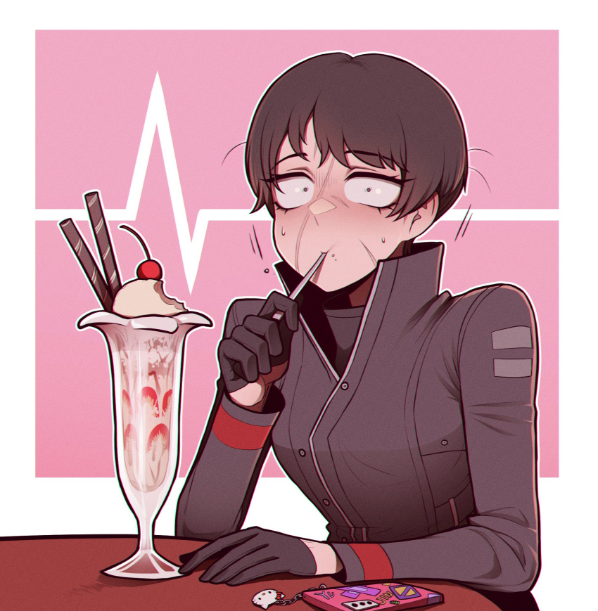 1girl, black_gloves, black_hair, black_jacket, blush, cardiogram, caught, cellphone