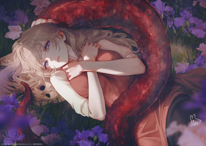 1girl, brown_hair, closed_mouth, commentary_request, crossed_arms, dress, extra_mouth, flower, futakuchi-onna, grass, highres, looking_at_viewer, official_art, rikka_(rikka331), short_sleeves, solo, teeth, tongue, violet_eyes, watashi_wo_tabetai_hitodenashi
