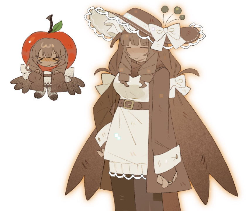 >_<, 1girl, apple, belt, blush, bow, brown_belt, brown_hat, brown_pantyhose, brown_scarf, closed_eyes, closed_mouth, dark-skinned_female, dark_skin, fish_193, food, frozen_soul, fruit, hair_bow, hat, hat_bow, highres, lace-trimmed_headwear, lace_trim, long_hair, low_twintails, multiple_views, nashatra_bealdhild, pantyhose, roblox, scarf, simple_background, smile, sweater, twintails, very_long_hair, white_background, white_bow, white_sweater