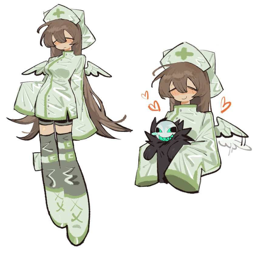 1girl, angel_wings, black_shorts, black_thighhighs, blush, boots, breasts, brown_hair, caretaker_(die_of_death), closed_mouth, die_of_death, dress, fish_193, hashtag-only_commentary, hat, heart, highres, long_hair, medium_breasts, multiple_views, nurse, nurse_cap, pursuer_(die_of_death), roblox, shorts, simple_background, sleeves_past_fingers, sleeves_past_wrists, smile, thigh-highs, very_long_hair, white_background, white_boots, white_dress, wing_flapping, wings