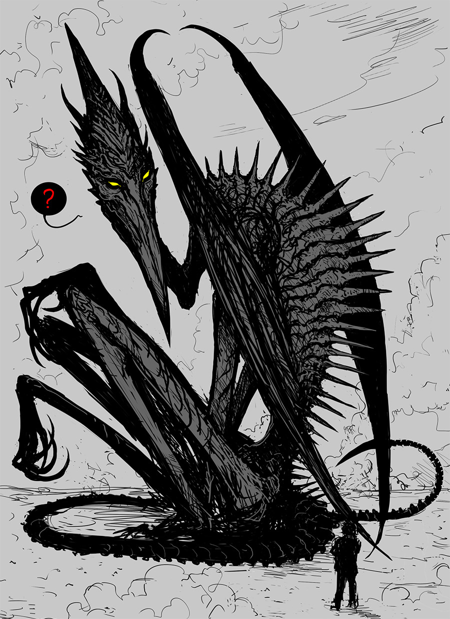 1boy, 1girl, ?, alien, claws, colored_sclera, commentary, dragon