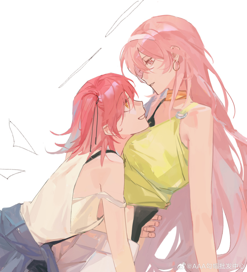 2girls, absurdres, arknights, bad_link, blue_jacket, bra_strap, chinese_commentary, clothes_around_waist