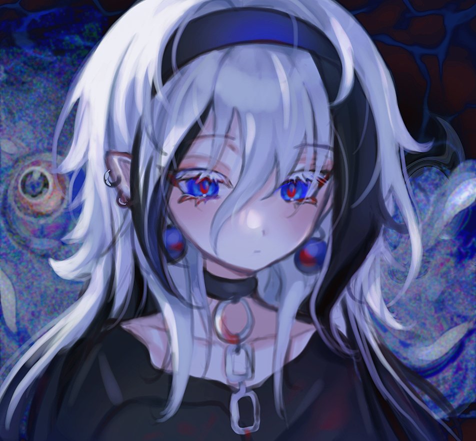 1girl, black_choker, black_hair, black_hairband, black_shirt, blue_eyes, chain, chain_leash