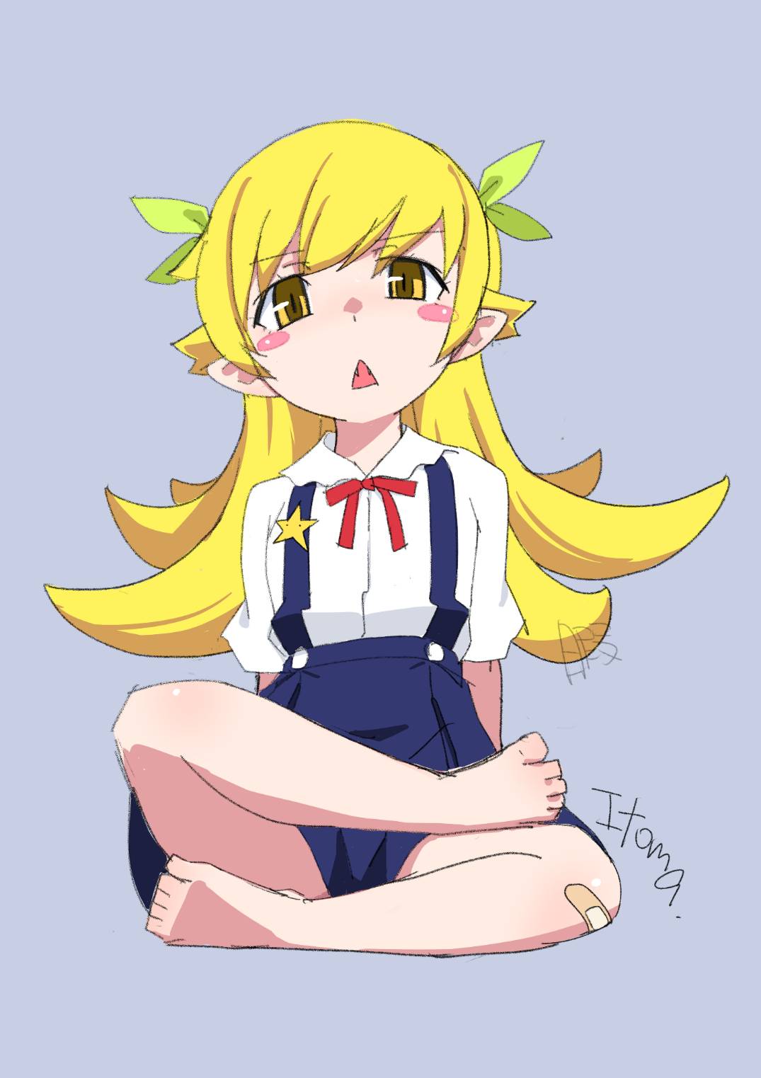 1girl, arm_support, arms_behind_back, artist_name, badge, bandaid, bandaid_on_knee, bandaid_on_leg