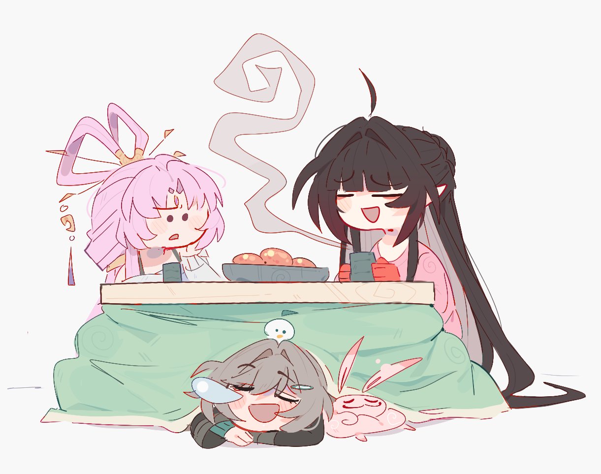 3girls, ahoge, black_hair, blush_stickers, bow-shaped_hair, closed_eyes, colored_extremities, commentary