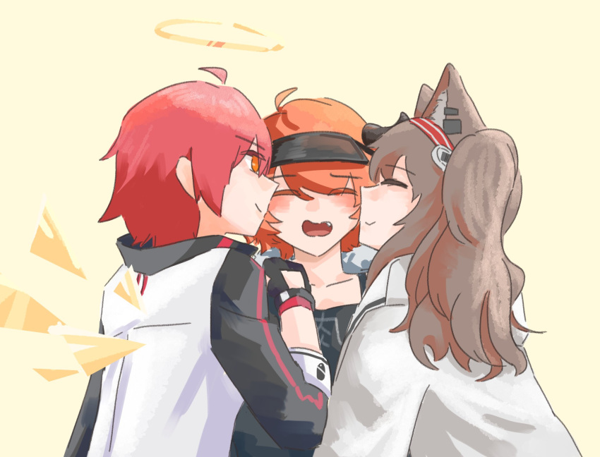 3girls, :>, :d, ahoge, angelina_(arknights), animal_ears, arknights, black_gloves