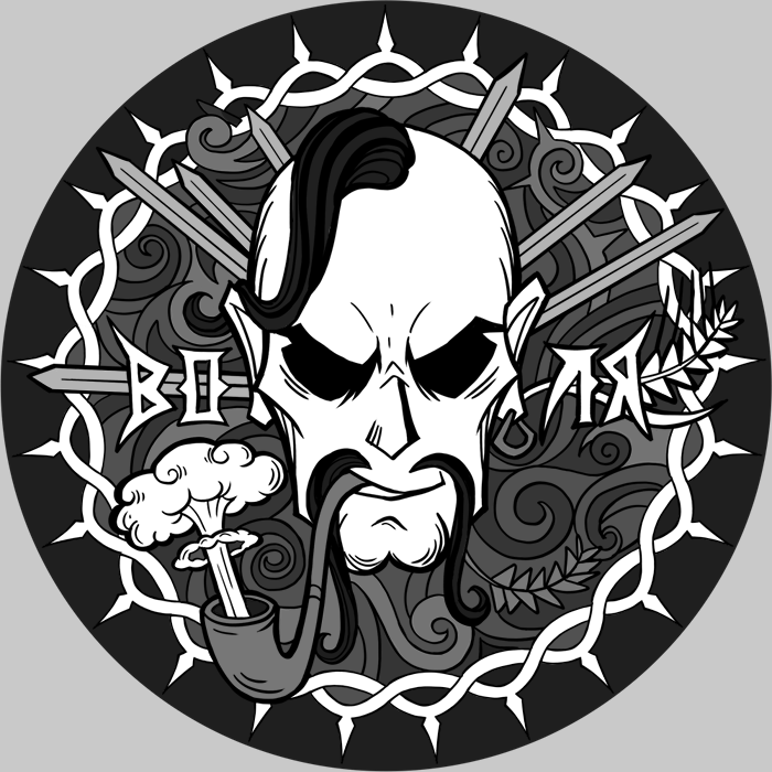 1boy, abstract, abstract_background, cossack, cossack_(polish_anon), facial_hair, forest_diver, greyscale