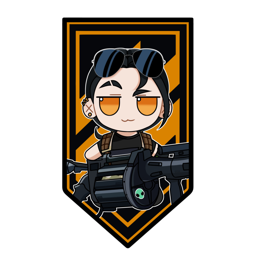 1girl, 3rd_assault_brigade, black_hair, chibi, earrings, eyewear_on_head, fumo_(doll), gloves