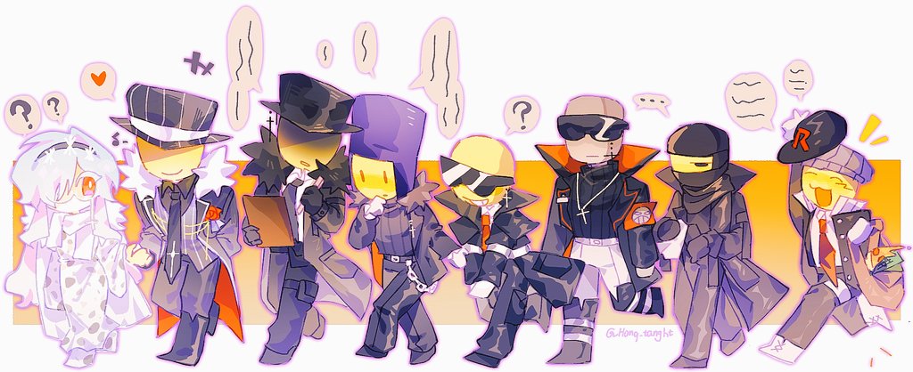 1girl, 6+boys, arm_up, beret, black_boots, black_coat, black_gloves, black_hat