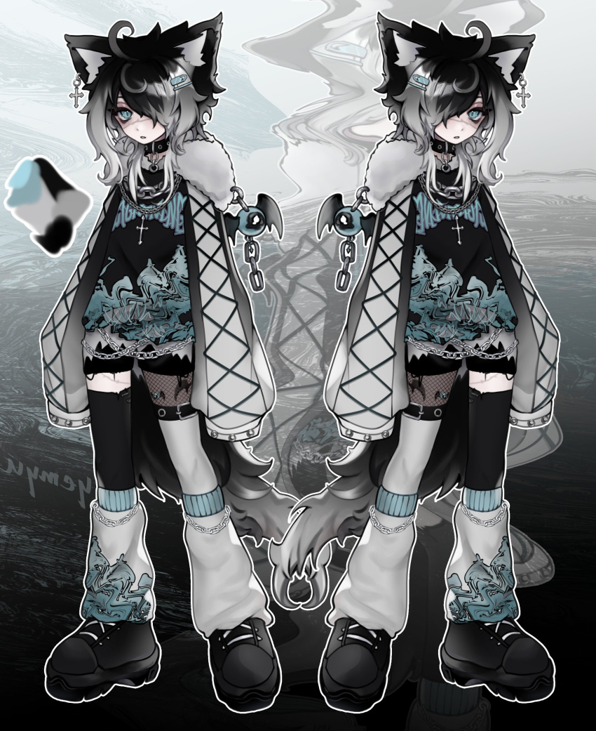 1girl, absurdres, adoptable, ahoge, animal_ear_piercing, animal_ears, asymmetrical_legwear, black_choker, black_hair, black_shirt, black_thighhighs, blue_eyes, boots, choker, cloud_(lufaeris), commentary, cross, cross_necklace, english_commentary, full_body, fur-trimmed_shrug, gradient_hair, grey_hair, hair_ornament, hair_over_one_eye, hairclip, highres, jewelry, leg_warmers, long_sleeves, looking_at_viewer, medium_hair, multicolored_hair, multiple_views, necklace, one_eye_covered, original, parallel_hairclips, parted_bangs, parted_lips, shirt, shrug_(clothing), sleeves_past_fingers, sleeves_past_wrists, symmetrical_pose, tail, thigh-highs, thigh_boots, white_leg_warmers, wolf_ears, wolf_girl, wolf_tail