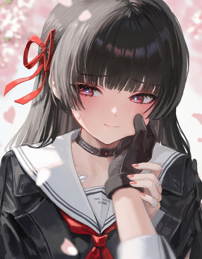 1boy, 1girl, black_choker, black_gloves, black_hair, black_shirt, blurry, blurry_background, cheek_pinching, cherry_blossoms, chisa_(wuthering_waves), choker, closed_mouth, commentary_request, ddcc0123, fingernails, gloves, hair_ribbon, highres, long_hair, male_rover_(wuthering_waves), msby_black_jackals_jacket, nail_polish, neckerchief, pinching, portrait, pov, pov_hands, red_nails, red_neckerchief, red_ribbon, ribbon, rover_(wuthering_waves), sailor_collar, shirt, smile, solo_focus, sweatdrop, white_sailor_collar, wuthering_waves