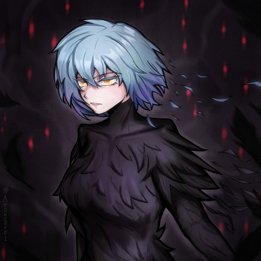 1girl, absurdres, aeoncore1, angela_(project_moon), black_dress, black_feathers, blue_hair, covered_collarbone, dress, feather_dress, feathers, hashtag-only_commentary, highres, library_of_ruina, looking_at_viewer, parted_lips, project_moon, short_hair, solo, upper_body, yellow_eyes