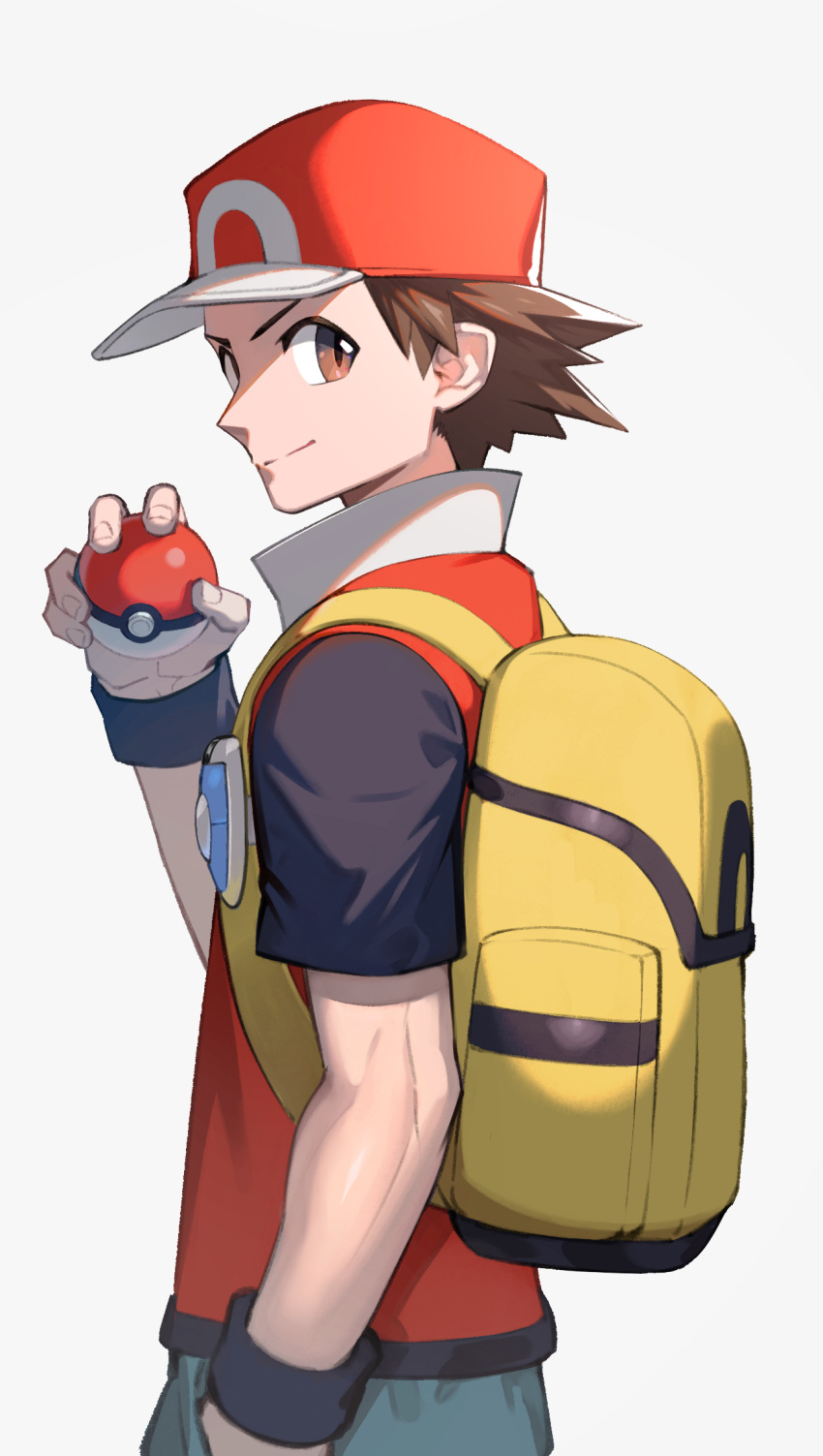 1boy, baseball_cap, blue_pants, brown_eyes, brown_hair, closed_mouth, commentary_request, hand_in_pocket