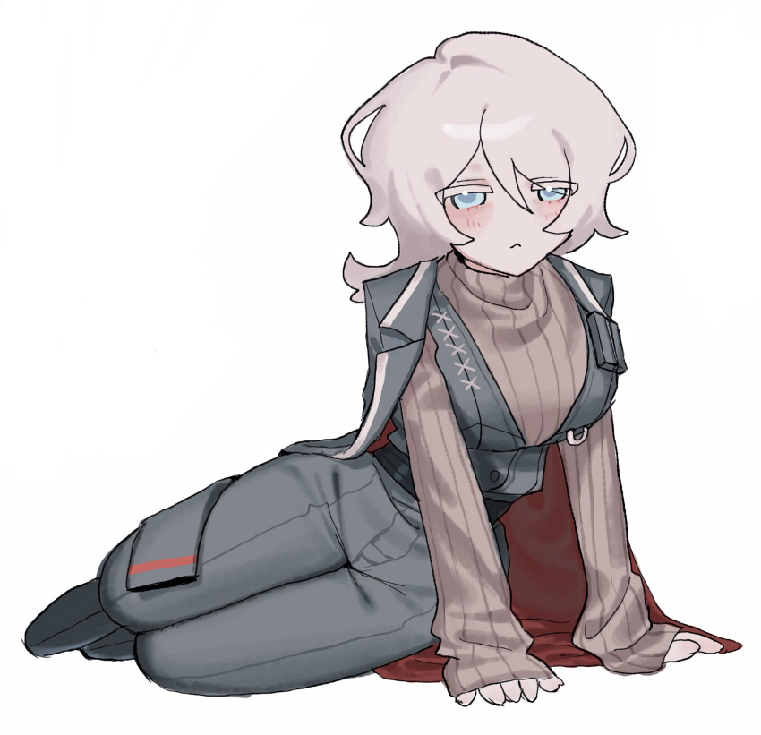 1girl, :<, belt, black_belt, black_coat, black_pants, black_vest, blue_eyes
