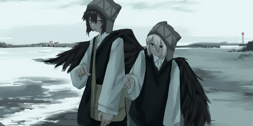 2girls, angel_wings, bag, beanie, black_eyes, black_hair, black_wings, collared_shirt