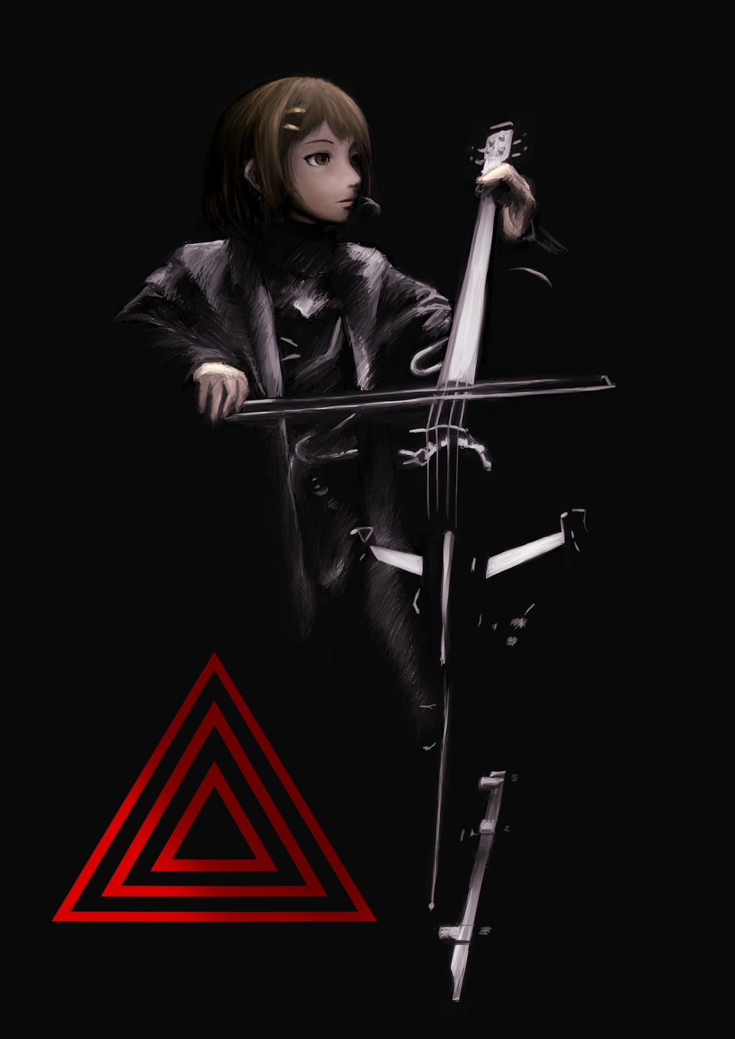 brown_hair, cello, electric_cello, hair_ornament, hairclip, headset, highres, hirasawa_susumu