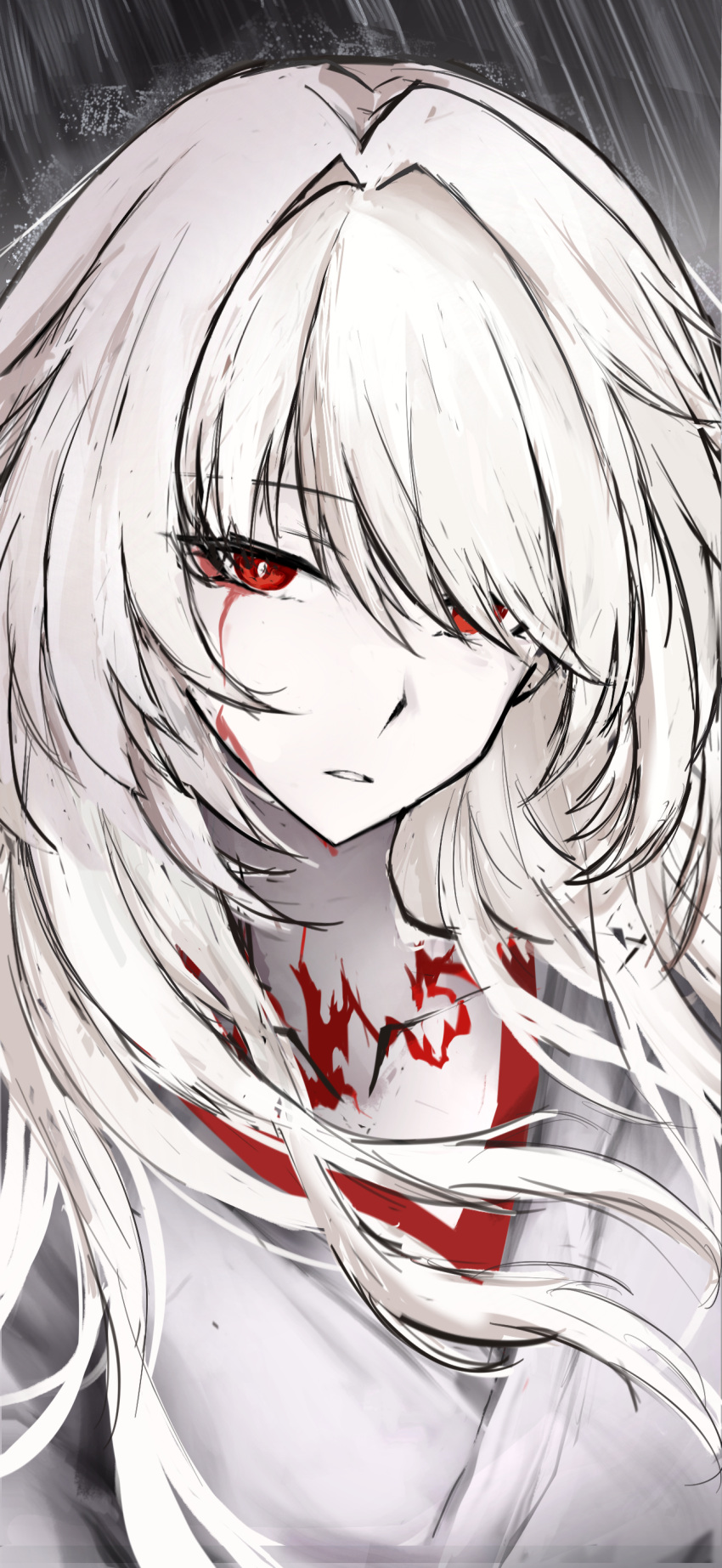 1girl, absurdres, acheron_(honkai:_star_rail), acheron_(izumo)_(honkai:_star_rail), blood, blood_from_eyes, commentary, cracked_skin