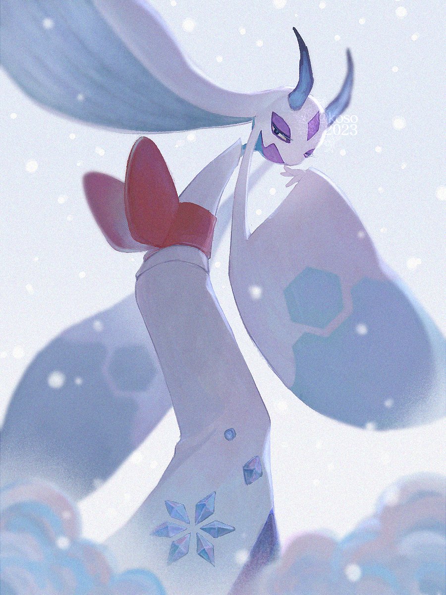 blue_eyes, commentary_request, froslass, highres, horns, ice, ice_horns, koso2023, looking_at_viewer, mega_froslass, mega_pokemon, no_humans, pokemon, pokemon_(creature), pokemon_focus, pokemon_legends:_z-a, sash, snowing, solo