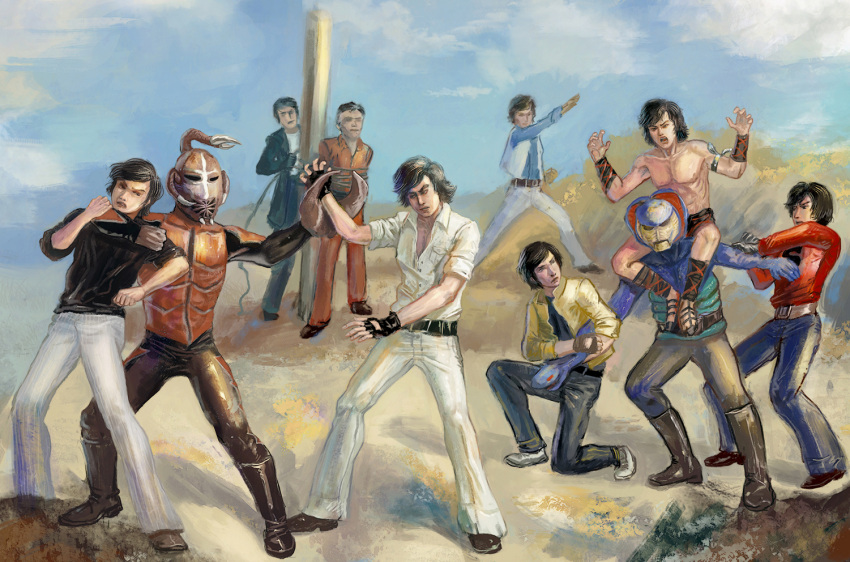6+boys, amibazh, black_hair, bound, choke_hold, clouds, cobra_otoko, commentary_request, dynamic_pose, fighting, fingerless_gloves, gloves, hongou_takeshi, ichimonji_hayato, jin_keisuke, jou_shigeru, kamen_rider, multiple_boys, pincers, restrained, sasori_otoko, strangling, tachibana_toubee, tied_up_(nonsexual), topless_male, yamamoto_daisuke
