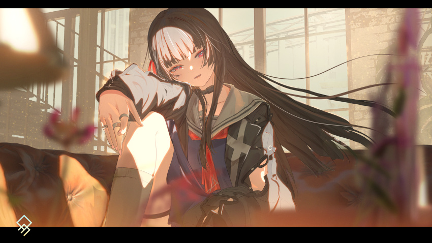 1girl, absurdres, artist_logo, black_hair, black_jacket, black_shirt, blurry, blurry_foreground