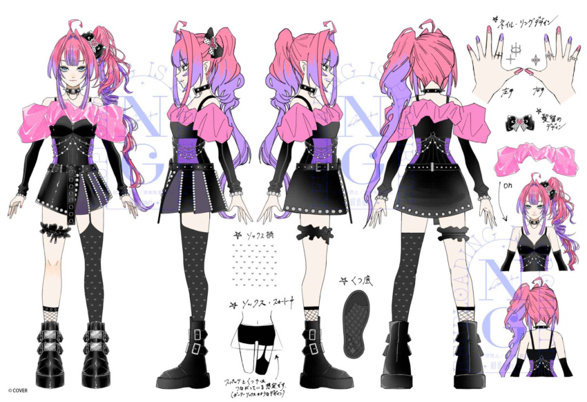 1girl, ahoge, asymmetrical_legwear, black_boots, black_bow, black_collar, black_shirt, black_skirt