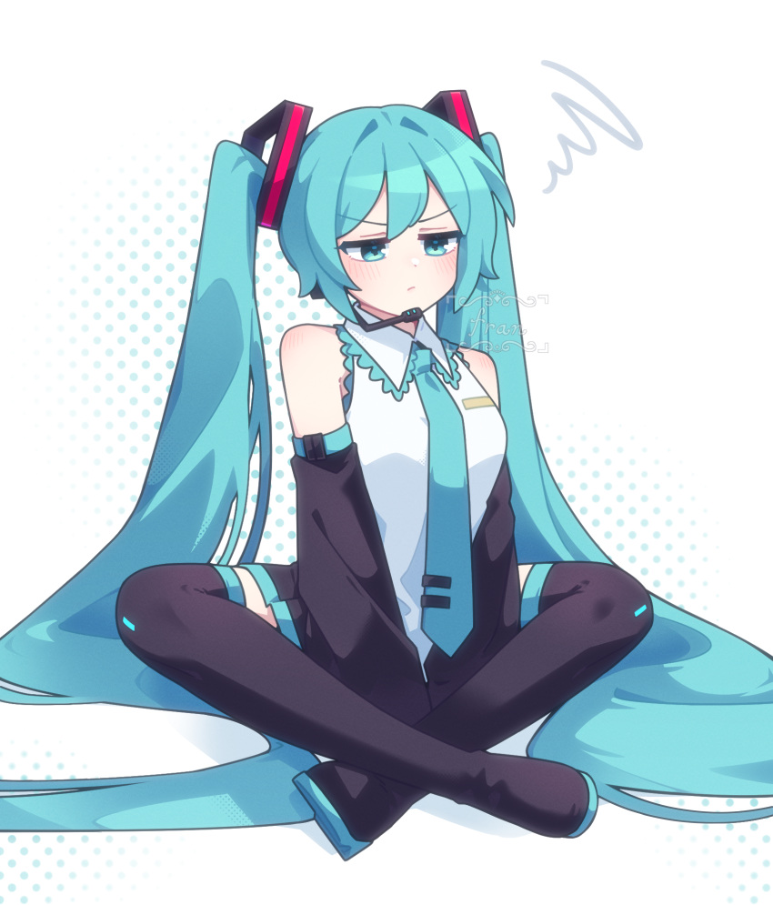 1girl, aqua_eyes, aqua_hair, bare_shoulders, between_legs, black_boots, black_skirt, boots