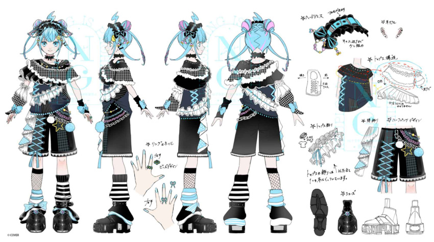 1girl, ahoge, asymmetrical_legwear, black_choker, black_gloves, black_shirt, black_shoes, black_shorts