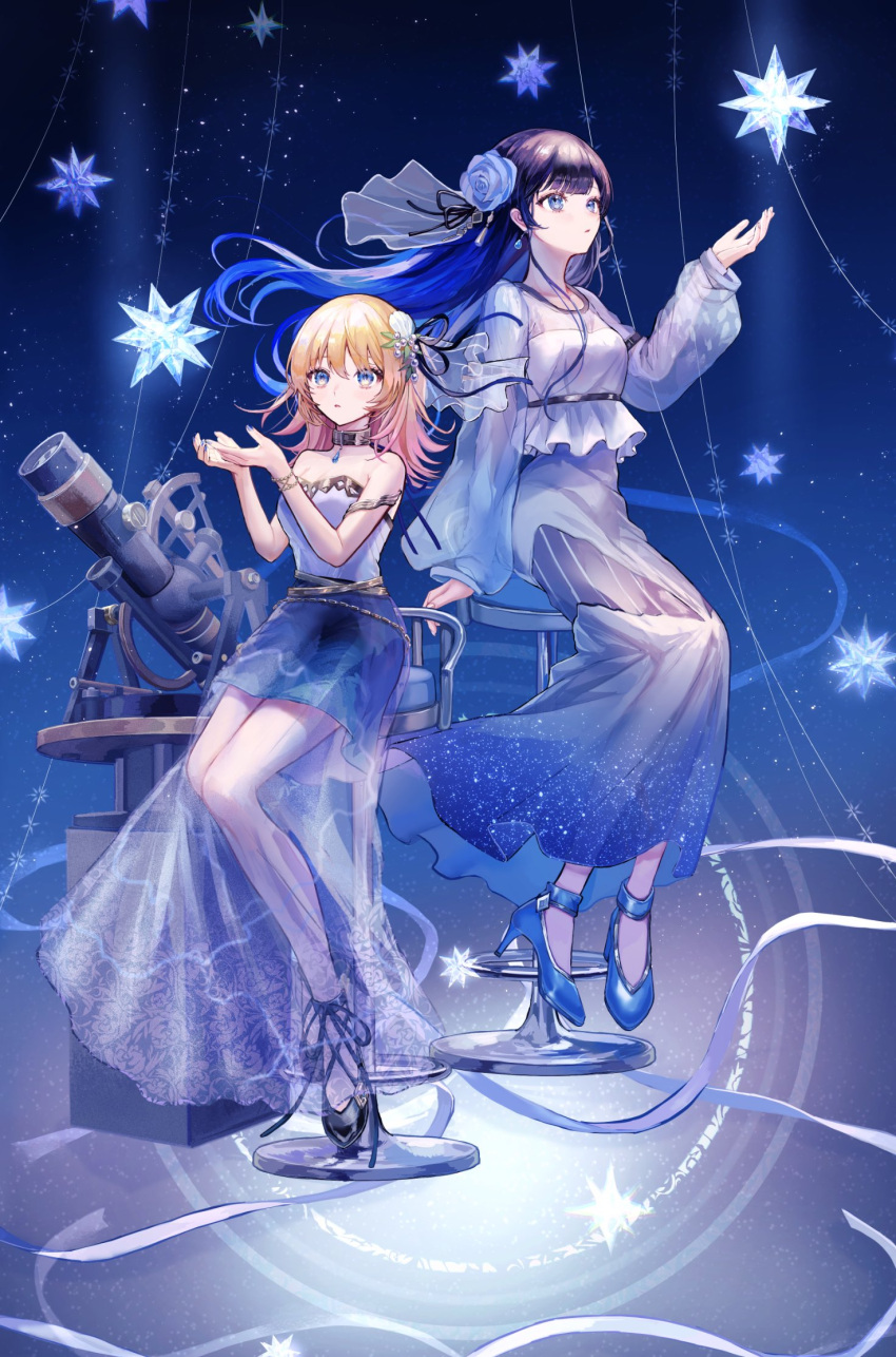 2girls, armlet, bare_shoulders, blonde_hair, blue_eyes, character_request, commentary_request, dress