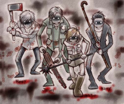 3boys, blood, chainsaw, crossover, dark_persona, flashlight, harry_mason, heather_mason