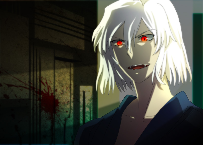 blood, collarbone, fangs, japanese_clothes, kimono, kuroi, male, red_eyes