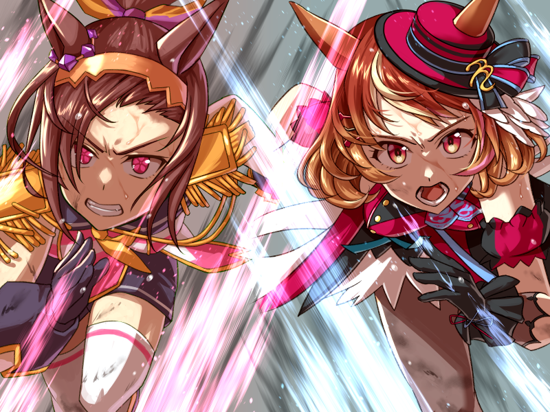 2girls, animal_ears, asymmetrical_gloves, black_gloves, black_pantyhose, boater_hat, breasts, brown_eyes, brown_hair, clenched_teeth, commentary_request, dress, ears_through_headwear, epaulettes, flower_in_eye, gloves, gold_hairband, hair_between_eyes, hair_ornament, hairband, halter_dress, halterneck, hat, horse_ears, horse_girl, long_hair, medium_hair, mile_championship, mismatched_gloves, multiple_girls, neckerchief, north_flight_(looking_fly!)_(umamusume), north_flight_(umamusume), open_mouth, pantyhose, peeta, ponytail, running, sakura_bakushin_o_(blossom_in_learning)_(umamusume), sakura_bakushin_o_(umamusume), shirt, shorts, sleeveless, sweat, symbol_in_eye, teeth, textless_version, thigh-highs, tilted_headwear, umamusume, violet_eyes, white_gloves, white_thighhighs, yellow_neckerchief