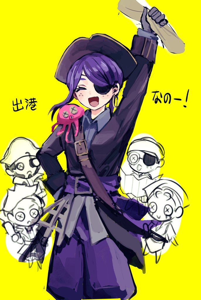 2boys, 3girls, :d, ^_^, belt, black_tunic, closed_eyes, cowboy_shot