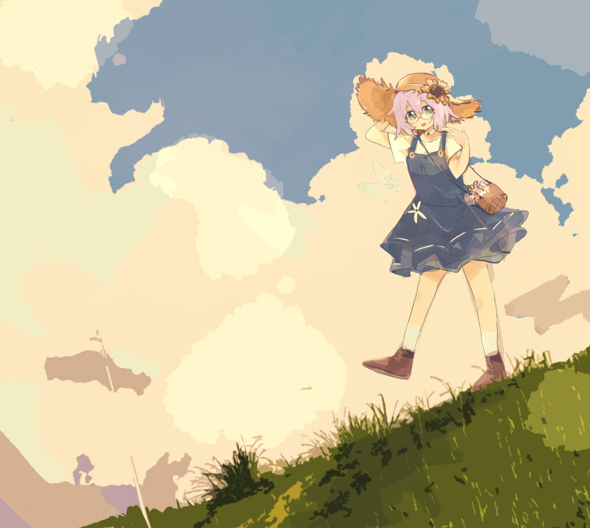 1girl, absurdres, bag, blue_dress, blue_eyes, brown_shoes, clouds, commentary