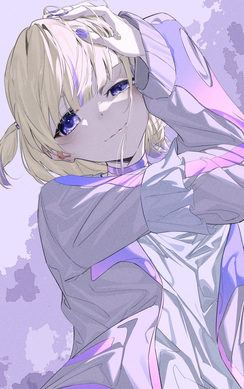 1girl, absurdres, arm_up, blonde_hair, choker, commentary_request, gam_1124, half-closed_eye