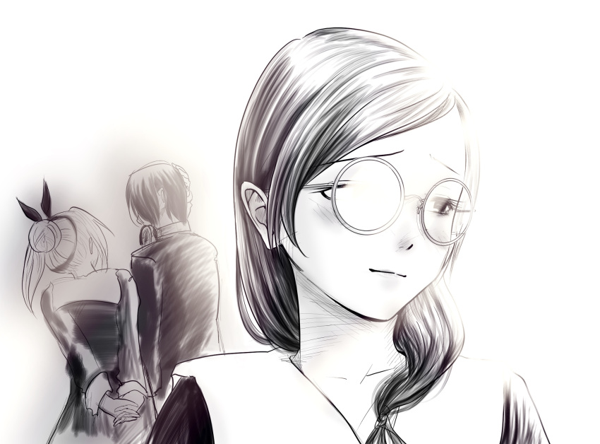 1boy, 2girls, arms_behind_back, blush, commentary_request, frank_leung, glasses, greyscale