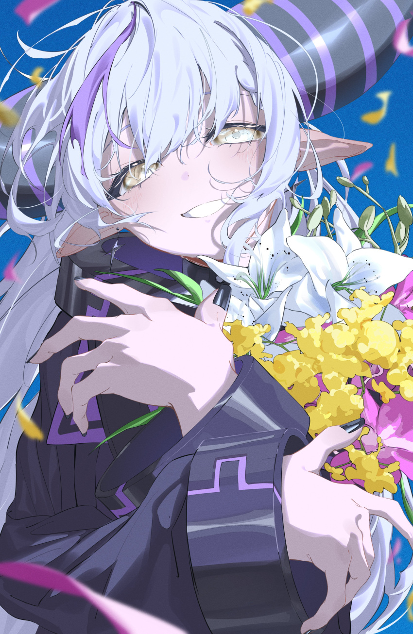 1girl, absurdres, black_jacket, black_nails, bouquet, clenched_teeth, commentary, demon_girl