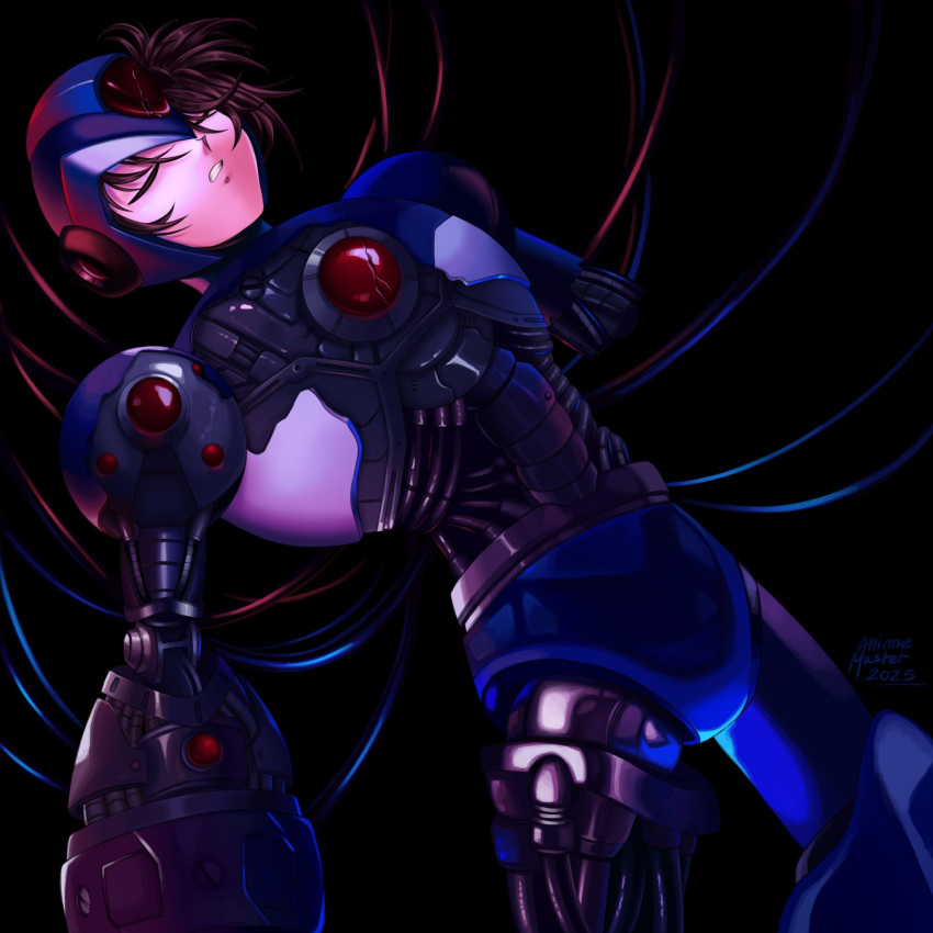 1boy, amputee, android, animemaster, armor, black_background, blue_armor, blue_helmet